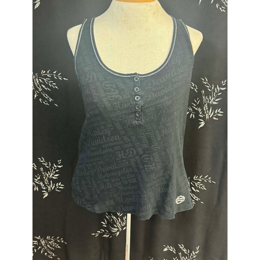 Harley‎ Davidson Womens Black Ribbed Henley Tank Top Rhinestone Logo Large